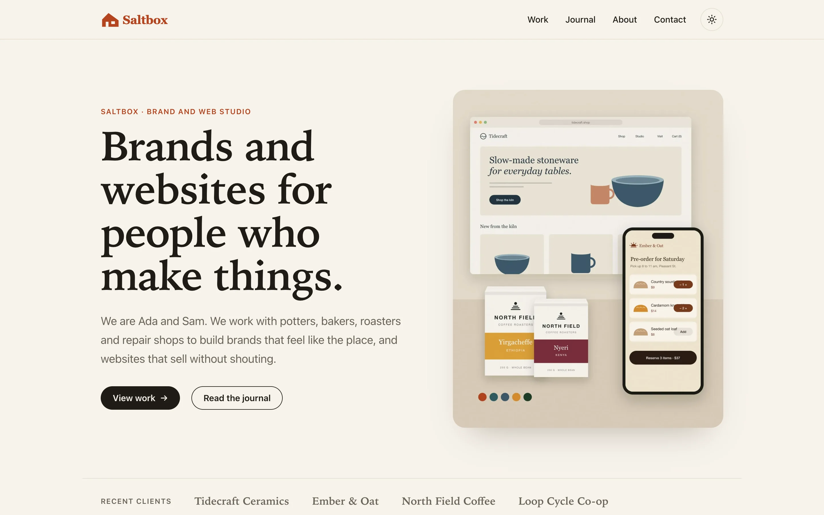 The Maestro live demo home page, showing the Saltbox sample brand hero with View work and Read the journal buttons