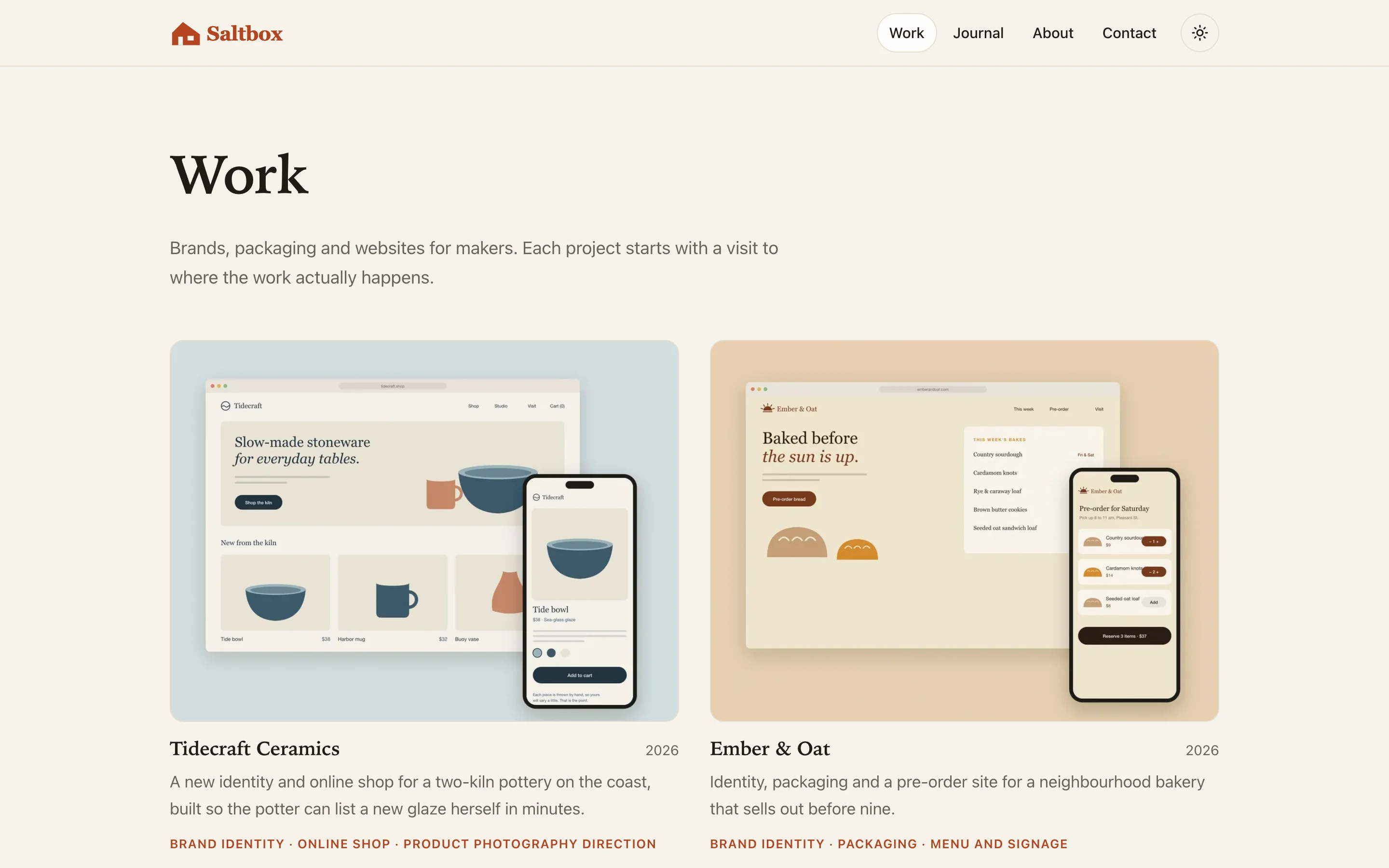 The Maestro work index with four sample projects: Tidecraft Ceramics, Ember & Oat, North Field Coffee and Loop Cycle Co-op