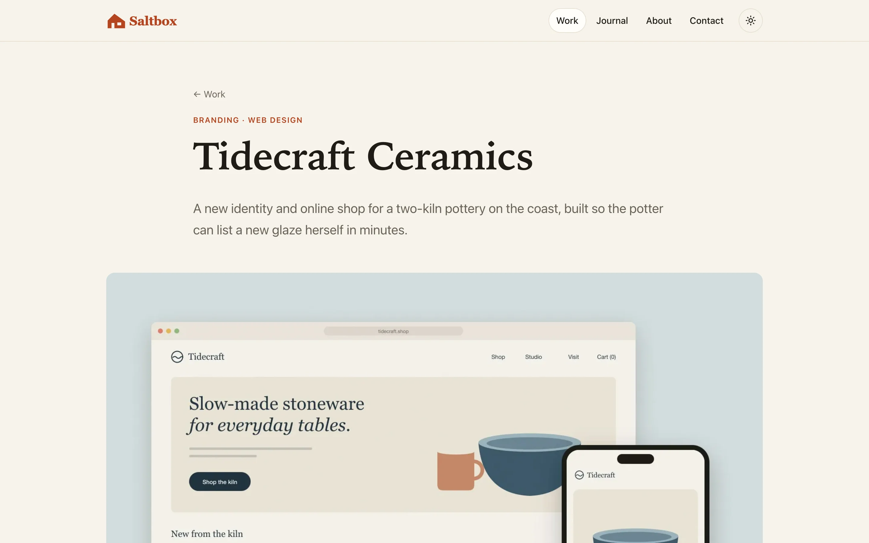 A Maestro case study page for Tidecraft Ceramics, a fictional sample client, with a browser and phone mockup of an online pottery shop