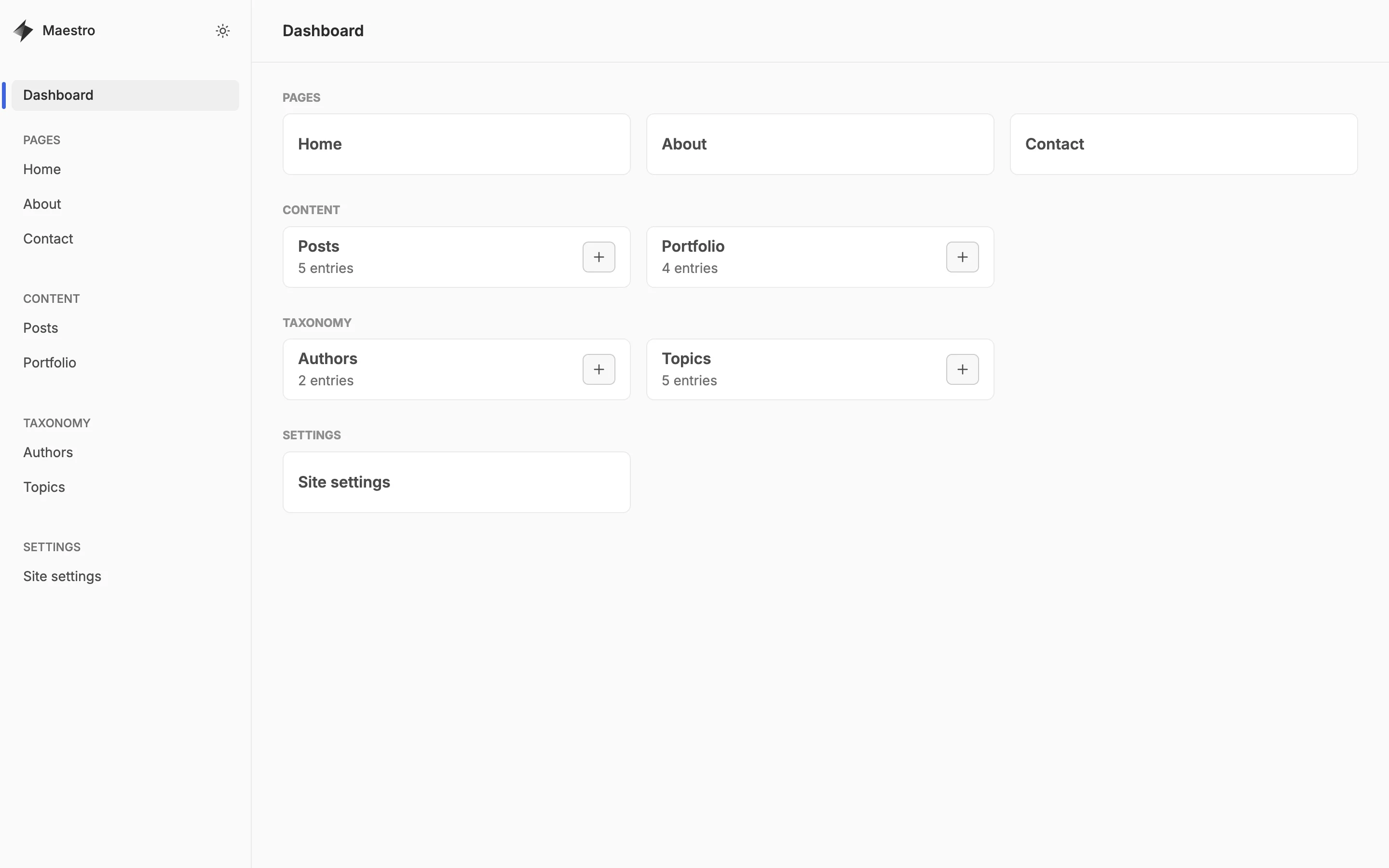 The Keystatic dashboard listing Maestro pages, posts, portfolio, authors, topics and site settings