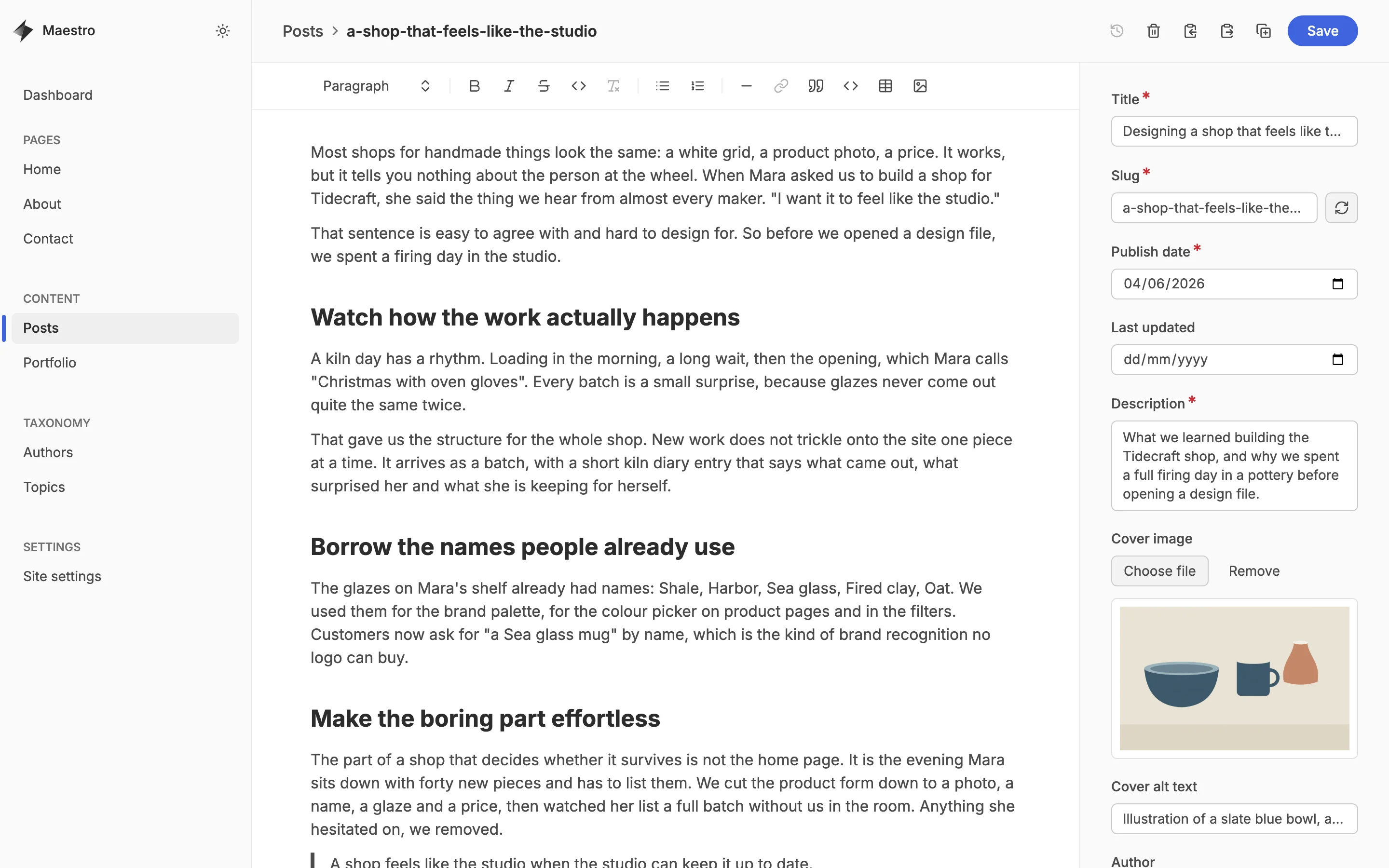 Editing a Saltbox journal post in Keystatic, with the rich text body on the left and title, dates and cover image fields on the right